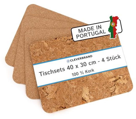 Cleverbrand Kork Tischset abwaschbar – 4er Set, 40 x 30 cm, 3 mm dick, hitzebeständig & umweltfreundlich, Made in Portugal – nachhaltige Platzsets