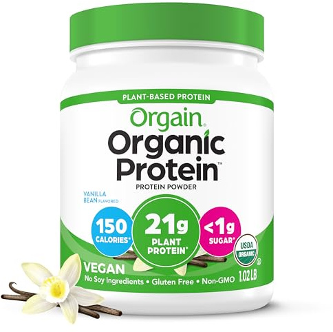 Orgain Organic Vegan Protein Powder, Vanilla Bean - 21g of Plant Based Protein, Low Net Carbs, Non Dairy, Gluten Free, Lactose Free, No Sugar Added, Soy Free, Kosher, 1.02 Pound (Packaging May Vary)