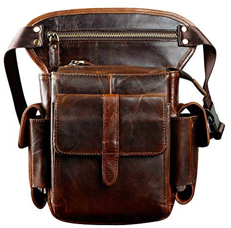 Le'aokuu Hombres Bolsa táctica Bolsa de Escalada Bolsa de Cadera Cinturón Bolso Cinturón Fanny Paquete de Cintura Bolsa de Pierna caída Bolso Mensajero de Cuero 913-5 (913-5 café)