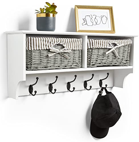 VonHaus Coat Hooks Wall Mounted - White Coat Rack Shelf w/ 2 Grey Wicker Storage Baskets & 5 Strong Double Clothes Hooks - Hallway Organiser w/Shelving for Hall & Entryway - for Scarves, Bags
