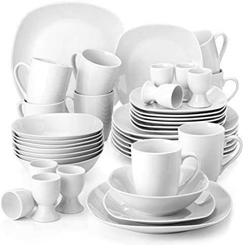 MALACASA Dinner Sets for 8 People, 40-Piece Porcelain Plates and Bowls Set Ivory White Dinnerware Sets with 8 Piece Dinner Plates/Soup Bowls/Dessert Plates/Egg Cups/Mugs, Series Elisa