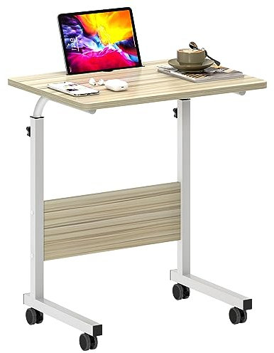 SogesHome Laptoptisch 60 * 40cm höhenverstellbar PC-Tisch mit Rollen, Betttisch, Beistelltisch,Kleiner Schreibtisch,Desktop mit Nut,Weißer Ahorn 05#3-60MP-SH