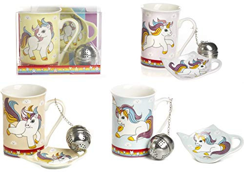 Mandorle by Paben 4 Stück Set Frühstückstasse Unicorn mit Teesieb und Untertasse, Gastgeschenk für Kommunion, Konfirmation aus Porzellan
