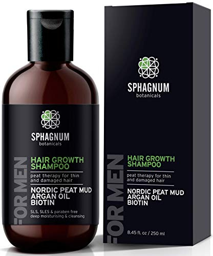 Sphagnum Botanicals Haarwachstum Shampoo für Männer mit Biotin | Arganöl und Torf stärken das Haar, hemmen DHT und wirken gegen Haarausfall. Frei von Silikon, Sulfaten und Parabenen