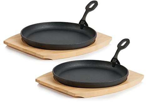 BBQ-TORO Sartén Redonda de Hierro Fundido para Servir con Base de Madera | Ø 22 cm | Curada - pre-Seasoned | Sartén de Barbacoa con Mango Extraíble | Sartén de Hierro Fundido, Paellera