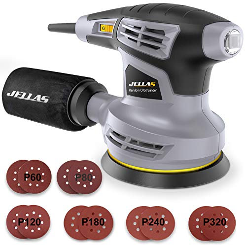 Jellas Orbital Sander, 125MM 13000RPM 6 Variable Speed Orbit Sander, 12 Pcs Sandpapers,Dust Collection Bag, 360°Rotating Sanding Base Plate, Electric Sander, Sander for Wood, Detail Sanders