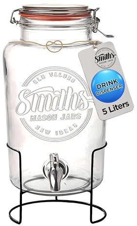 Glass Drink Dispenser with Tap – 5L Mason Jar Beverage Container with Stainless Steel Spigot – Water Dispenser with Tap for Juice, Iced Tea, Cocktail, Picnic, BBQ, Parties, Counter