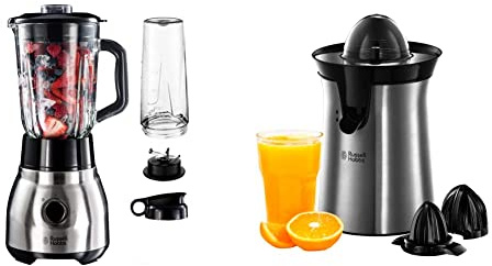 Russell Hobbs Batidora de Vaso 2 en 1 600 W Jarra de Cristal, Vaso para Zumos y Batidos, Acero Inoxidable + Classics 22760-56 Exprimidor de Zumo Eléctrico, 2 Accesorios, 60 W