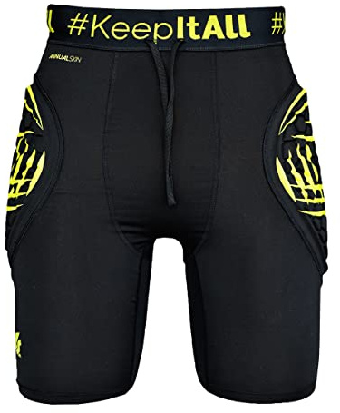 KEEPERsport - Pantaloncini da portiere imbottiti – Pantaloni protettivi corti per portiere Underwear – Taglia 128-XXL – Nero, nero e giallo, imbottitura resistente, 164 cm