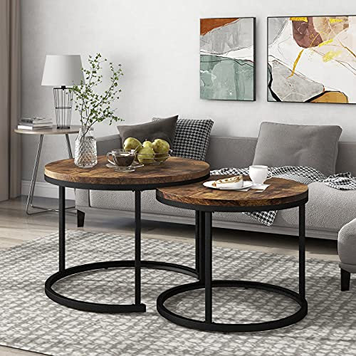 ADIBY Runder Couchtisch 2er Set Satztisch Couchtisch rund Beistelltisch Beistelltisch Rund Hochwertiger Sofatisch Kaffeetische Satz fürs Wohnzimmer, Balkon, klein Satztisch Set (Braun)