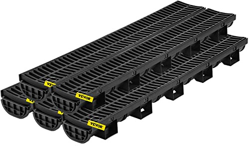 VEVOR Kit Grondaia Esterna, Confezione da 5 pezzi, Sistema di Drenaggio per Trincee con Griglia in HDPE, 14,5 x 8 x 100 cm, con 5 Tappi Terminali, Collegamento a Innesto, per Scarico Giardino