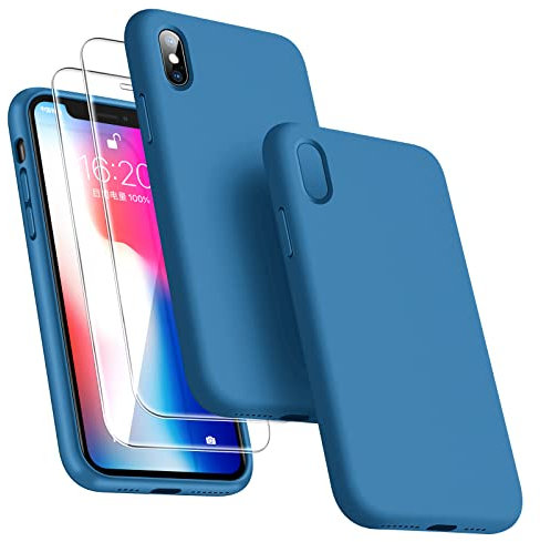 Dssairo 3-in-1-Schutzhülle für iPhone X/iPhone XS, mit 2 Displayschutzfolien, Flüssigsilikon, dünn, stoßfest, 14,7 cm (5,8 Zoll), Mikrofaser-Innenfutter, Marineblau