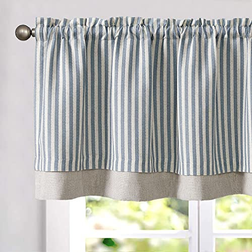 TOPICK Striped Short Kitchen Curtains 18 Inch Drop Small Cafe Curtains Blackout Double Layer Curtain Valance for Sink Living Room Cupboard Rod pocket 1 Panel Blue on Beige