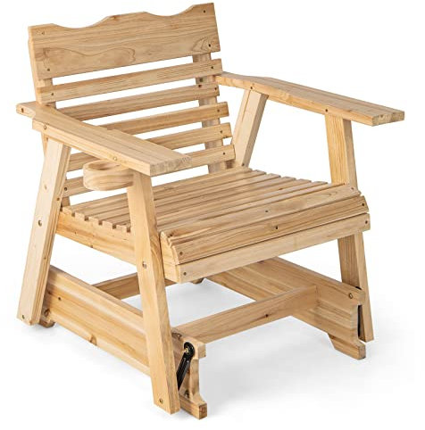 COSTWAY Schaukelstuhl aus Holz, Gartenstuhl mit Getränkehalter, 150 kg Tragfähigkeit, Relaxstuhl für Garten, Balkon, Terrasse