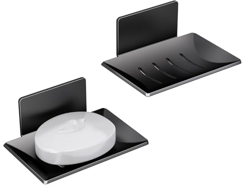 Bathroom Soap Dishes Bar Soap Holder, Rust Proof Metal Self Draining Tray, Wall Mounted Soap Dish for Shower, Black 2pcs