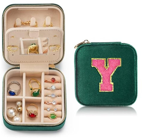 Personalisierte Samt Reise Schmuck Fall Box Für Frauen Ring Halskette Ohrring Halter Organizer mit Spiegel Grün Mädchen Box Geburtstagsgeschenke Mama Initiale Y