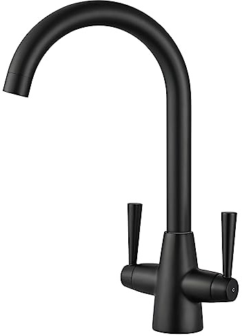 Peppermint Black Kitchen Tap Dual Lever Monobloc 360° Swivel Mixer Taps | Solid Stainless Steel & Brass, Matt Black Mixer Tap Kitchen Sink 1 Hole, Swan Neck Streamlined Modern Design, Easy Install