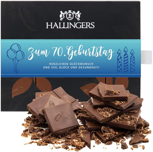 Hallingers Genuss Manufaktur Schokolade Geburtstagsgeschenk - Tafel handgeschöpften Edelkakaos ohne Alkohol edler Karton Zum 70. Geburtstag Pur, Geschenke für Frauen Männer