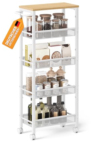 VASAGLE Rollwagen, Schmaler Küchenwagen mit 5 Ebenen, 45,4 x 22 x 99,6 cm | Nischenregal mit Rollen, für Küche und Bad, Goldeiche und Mattweiss, DACEY Kollektion LRC035W09