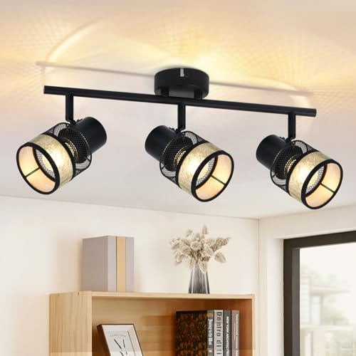 Glitzerlife Deckenstrahler 3 Flammig Schwarz Deckenleuchte Deckenlampe | Metall Gold Vintage E27 LED Deckenspot Stoffschirm Wohnzimmer Schlafzimmer Küche Flur Treppe Esszimmer Max 25W