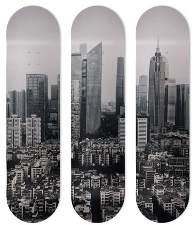 SUPER FABRIQUE Alu-Brett in Form eines Skateboards, für Wanddekoration, Art City, Schwarz & Weiß, für eine originelle Dekoration (3 Bögen + Befestigungssets)