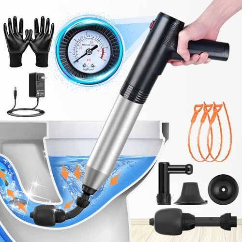 Kit de émbolo eléctrico de 360 °, desatascador de desagüe manual de acero inoxidable con barómetro en tiempo real para inodoro para cocina, baños, desagües, bañeras