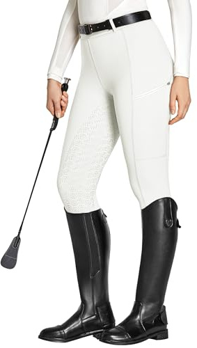 FitsT4 Sports Reitleggings Damen Reithose Silikon vollbesatz mit Handytasche und Gürtelschlaufen für Reitsport Pferdetraining,Weiß,S