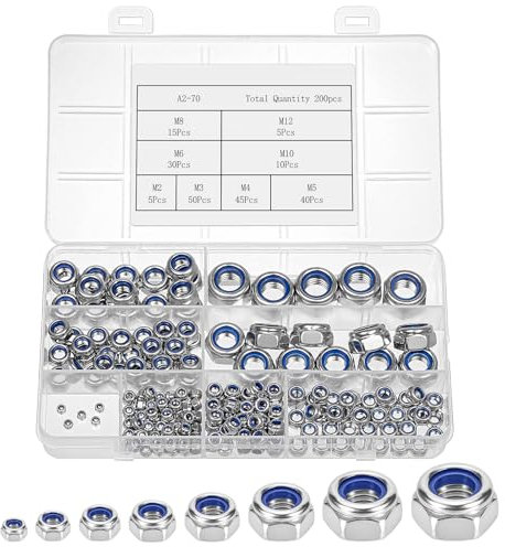 Bczhieulw 200 pezzi dadi autobloccanti, dadi di bloccaggio in acciaio inox A2-70, set di 8 dadi di dimensione: M2, M3, M4, M5, M6, M8, M10, M12.