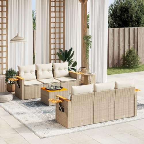 Rantry 7-TLG. Garten Sofagarnitur mit Kissen Gartensofa mit Stauraum Gartenlounge Balkonmöbel Gartenmöbel Loungesofa Rattansofa mit Gartentisch Ecksofa Sitzgruppe Gartenset Beige Poly Rattan