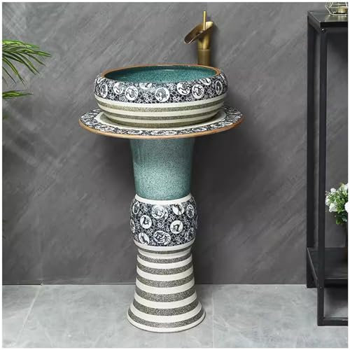 ZTGL Unique Design Säulen-Waschplatz Handgemalt Rund Waschbecken Standwaschbecken Keramik Waschtischunterschrank Bodenstehender Waschtisch Waschplatz für Indoor und Outdoor,3 Piece Set