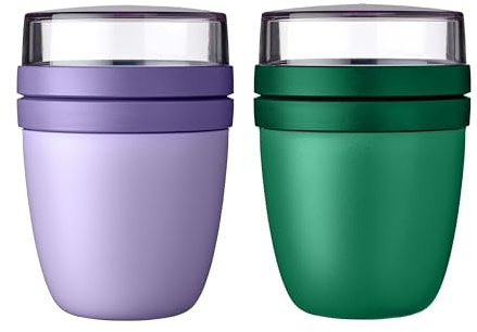 Mepal | Lunchpot Ellipse Mixed | Vivid Lilac + Vivid Green | Taza de cereales para llevar | Subdivisión para yogur y cereales | 500 ml + 200 ml | Apto para congelador, microondas y lavavajillas