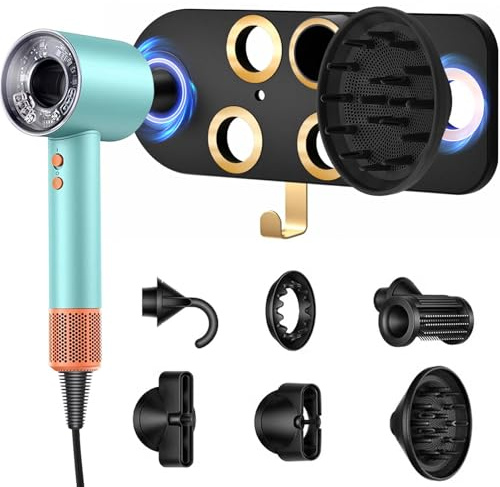 My Diemlife Magnetic Wall Mount Hair Dryer Holder compatible with Dyson Supersonic - with 5 Magnetic Rings for The Attachments, Premium Blow Dryer Holder Wall Mounted (2024 New Version)