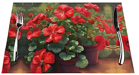 Gewebtes Tischset, hitzebeständig, leicht zu reinigen, geeignet für Partys im Freien, lässige Küchendekoration, Tischzubehör, 30,5 x 45,7 cm, rotes Geranien-Muster, 4 Stück