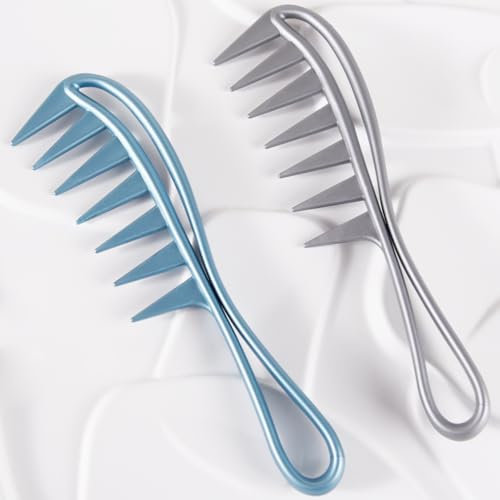 2 Pcs Wide Tooth Comb, Large Tooth Combs Shark Teeth Hair Combs, Curl Comb Durable Plastic Hair Combs Hairstyle Tool Large Texture Combs for Curly Wet Wavy Hair Wigs (Blue, Grey)
