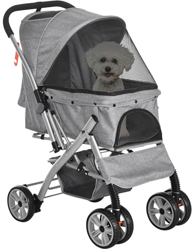 PawHut Poussette buggy pliable chien chat panier et sac de rangement attaches sécurité housse réglable acier Oxford gris chiné noir