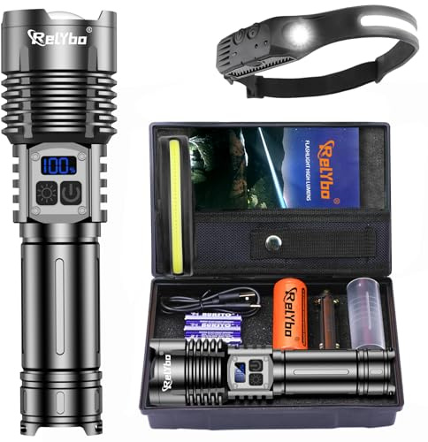 Relybo Torches LED Super Bright 500000 Lumen, Rechargeable Torch Flashlight, Powerful Torches Battery Powered, 2 Switches, 4 Lighting Mode, High Powered Torch for Dog Walking Camping Hiking Emergency