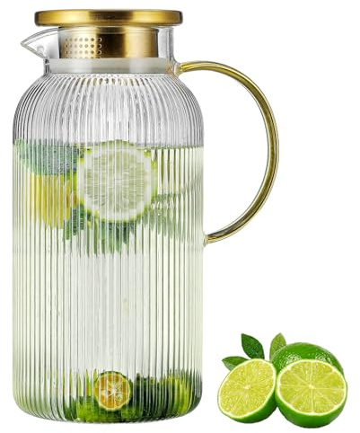 Buaic Glaskrug mit Deckel, 2,5 l, klassischer vertikaler Streifen, Wasserkaraffe für kaltgebrühte Getränke, Kaffee, Limonade, Eistee, Getränke, hitzebeständiger Wasserglaskrug