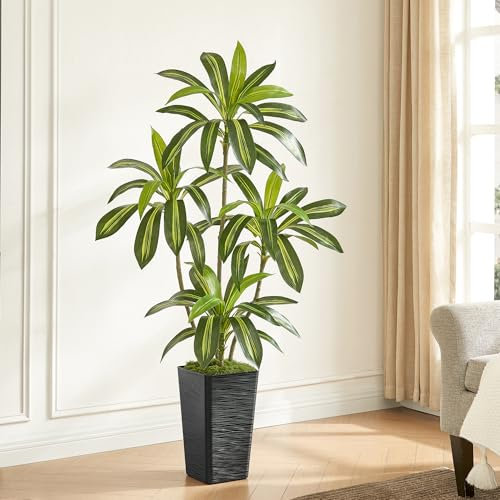 Artificial Dracaena Tree, 5FT Fake Tree with Black Tall Planter, Faux Yucca Tall Fake Floor Plant in Pot, Nearly Natural Dracaena Silk Plant (Real Touch), for Home Office Living Room Decor Indoor