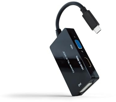 Multiportadapter konverterar en USB-C-hananslutning till HDMI-, DVI- och VGA-honutgångar, svart – perfekt för anslutning av USB-C-enheter till flera skärmar.