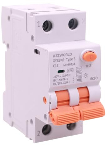 A2ZWORLD Interruptor diferencial tipo B 30 mA, RCCB Clase B 30 mA 2P 16 A, 1P+N 2 polos 10 kA 230 V, ocupa 2 módulos de barra DIN