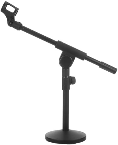Supporto per Microfono da Tavolo Telescopico in Ferro Nero | Braccio Regolabile, Base Rotonda Appesantita, Struttura Stabile, Clip Inclusa per Montaggio Semplice