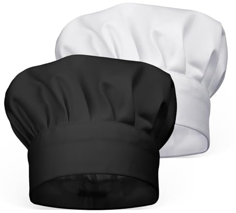 Funngy Bonnet de Cuisinier,2 PCS Toque de Cuisinier Unisexe Réglable en Polycoton Chapeau de Chef Ajustable pour Enfants et Adultes pour Cuisine Restauration École Restaurant Hôtel Noir et Blanc