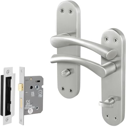 EAI Satin Nickel Door Handles with Bathroom Lock 64mm - Novoli | Complete Bathroom Kit with 1 Pair of T-Bar Lever on Backplate Door Handles, 64mm Bathroom Lock, Fixings Included
