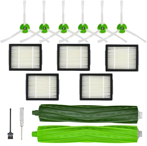 Kit de accesorios para iRobot Roomba Series i/e i7 i7+ i6 i6+ i3 i3+ i8 i8+ i4 i4+ i5 i5+ i2 i2+ i1 i1+ e5 e6 – 1 cepillo de goma, 5 filtros HEPA, 6 cepillos laterales