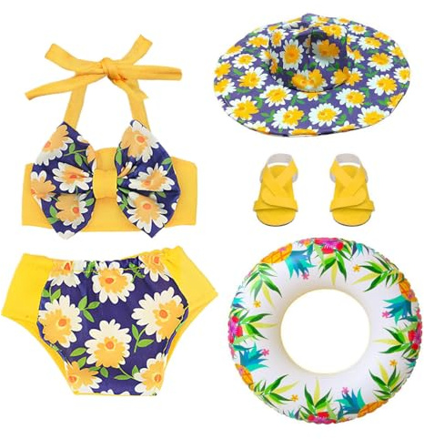 Set de Maillot de Bain pour Poupée, Vêtements de Poupee D'été, Set de Bain Poupées avec Bouée de Natation Chapeau de Soleil Sandales pour Poupee de 18 Pouces Accessoires d'eau D'été