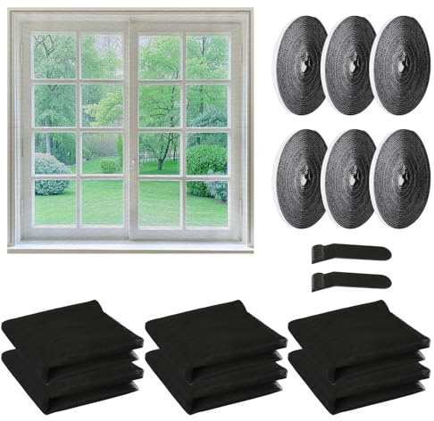 Fliegengitter Fenster 130x150cm 6 Stück Insektenschutz Fenster, Fliegennetz Fenster, Selbstklebendes Moskitonetze für Fenster mit Klettband Selbstklebend Schwarz