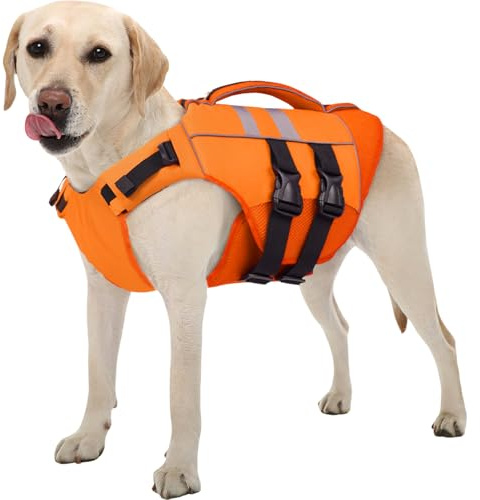 Kuoser XL Dog Life Jacket, Large High Flotation Dog Life Vest for Swimming Boating, Reflective Dog Swimming Vest Pet Life Preserver with Rescue Handle, Orange XL