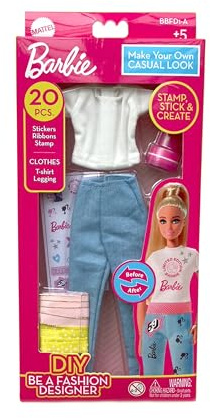 Barbie DIY Fashion Designer Set – Make Your Own Casual Look | Includes T-Shirt, Leggings, Stickers, Ribbons & Stamp | Creative Fashion Toy Kit for Kids Ages 5+