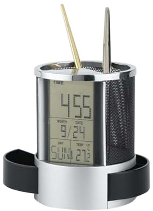 NUOBESTY Multifunctional Pen Organizer with Digital Clock Date Temperature Display Steel Wire Mesh Container for Home Office Includes Storage for Items Black