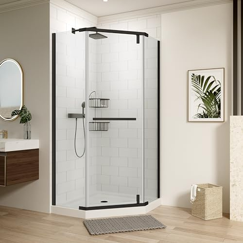 KEIKI 34.75 x 34.75 x 72 Neo-Angle Frameless Pivot Shower Door with 1/4(6mm) Tempered Clear Glass, Corner Shower Enclosure, Opening Walk-in Design, Matte Black